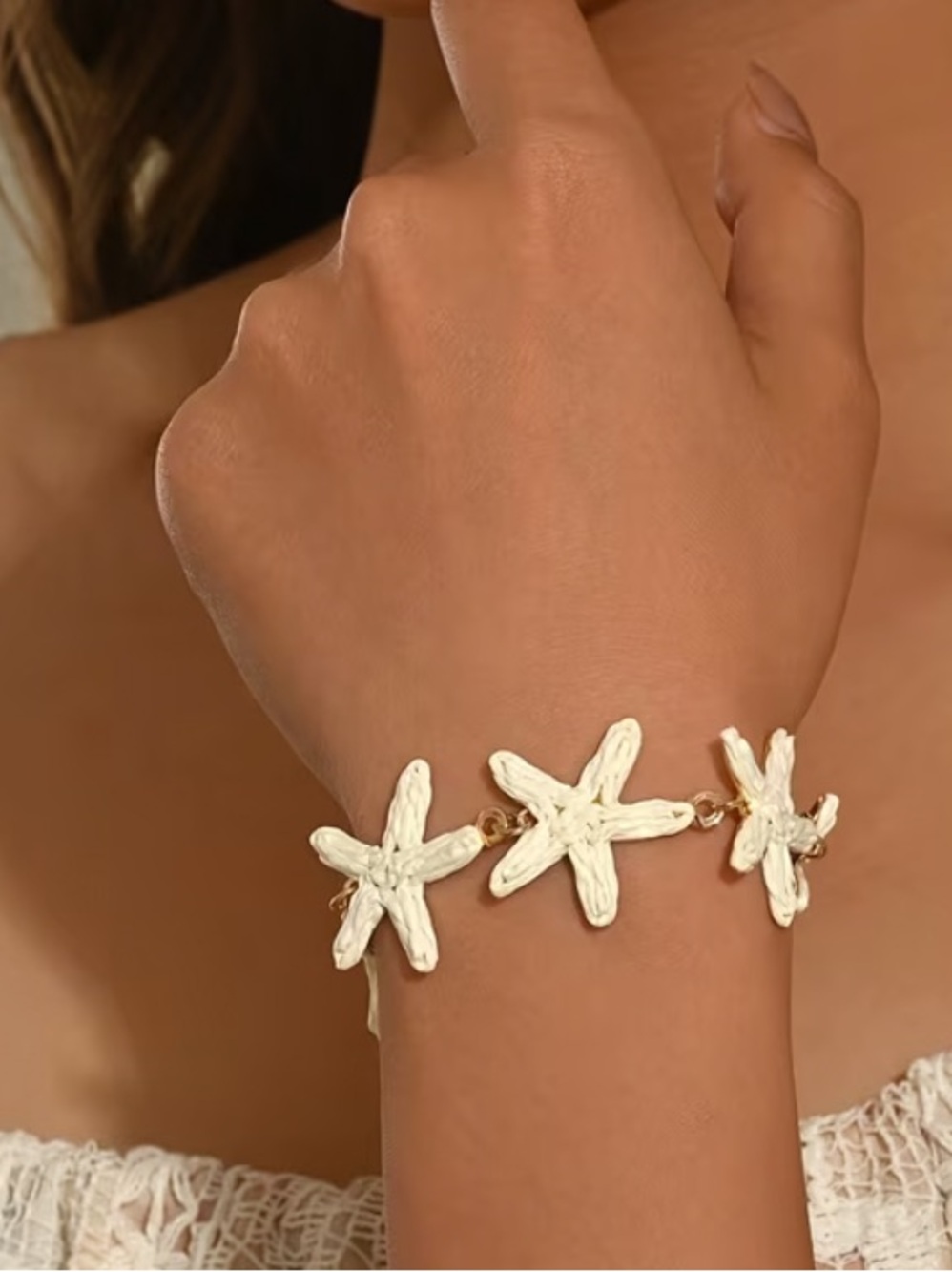 Ivory and Gold Starfish Raffia Statement Bracelet Coastal Beach Jewelry NWT